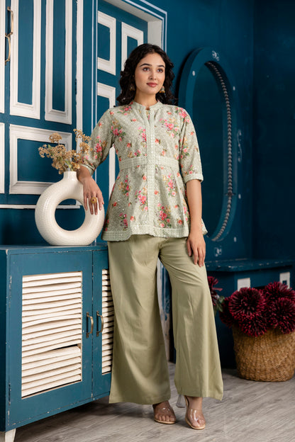 Chicken Embroidered Digital Print Kurti with Plain Flapper