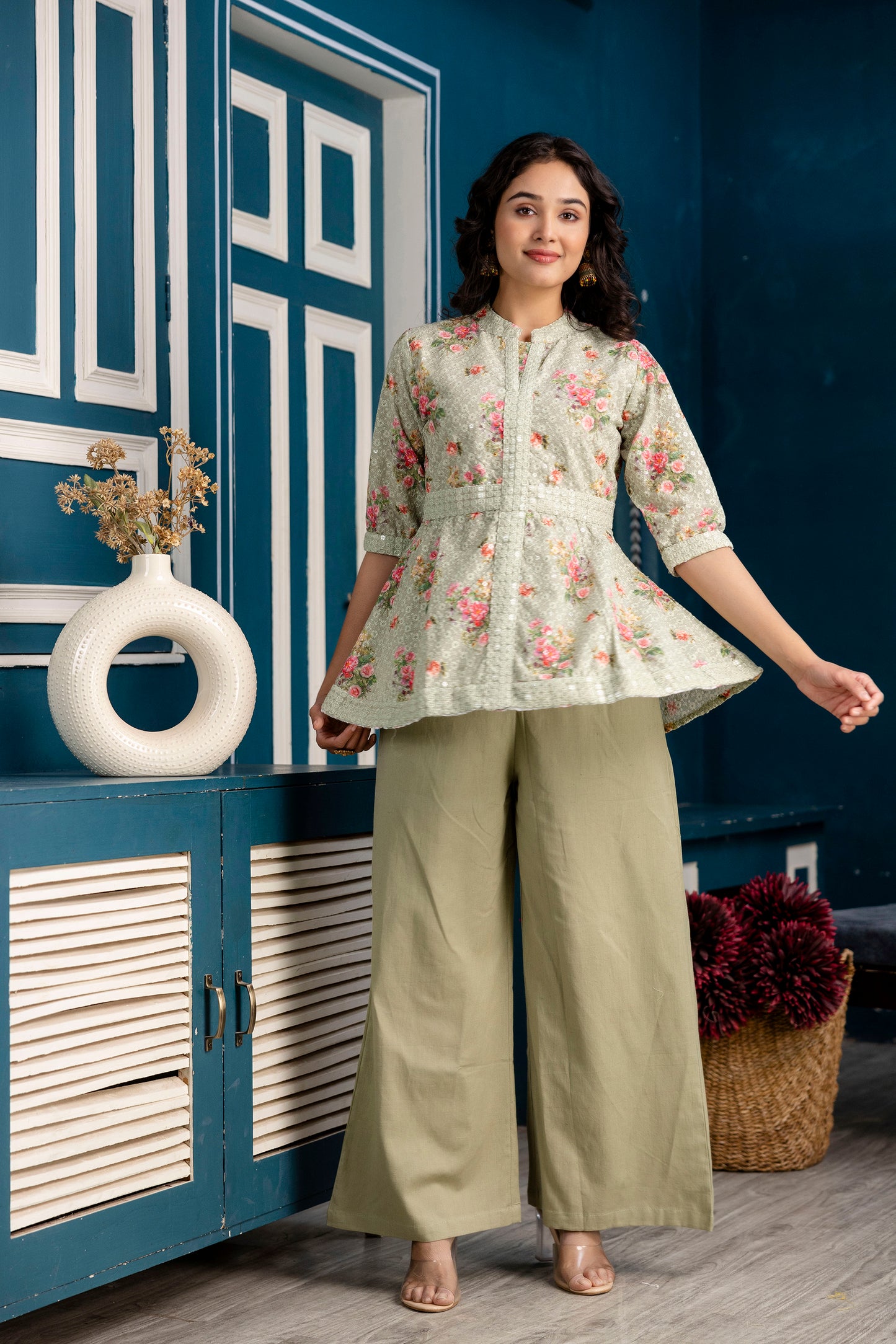 Chicken Embroidered Digital Print Kurti with Plain Flapper