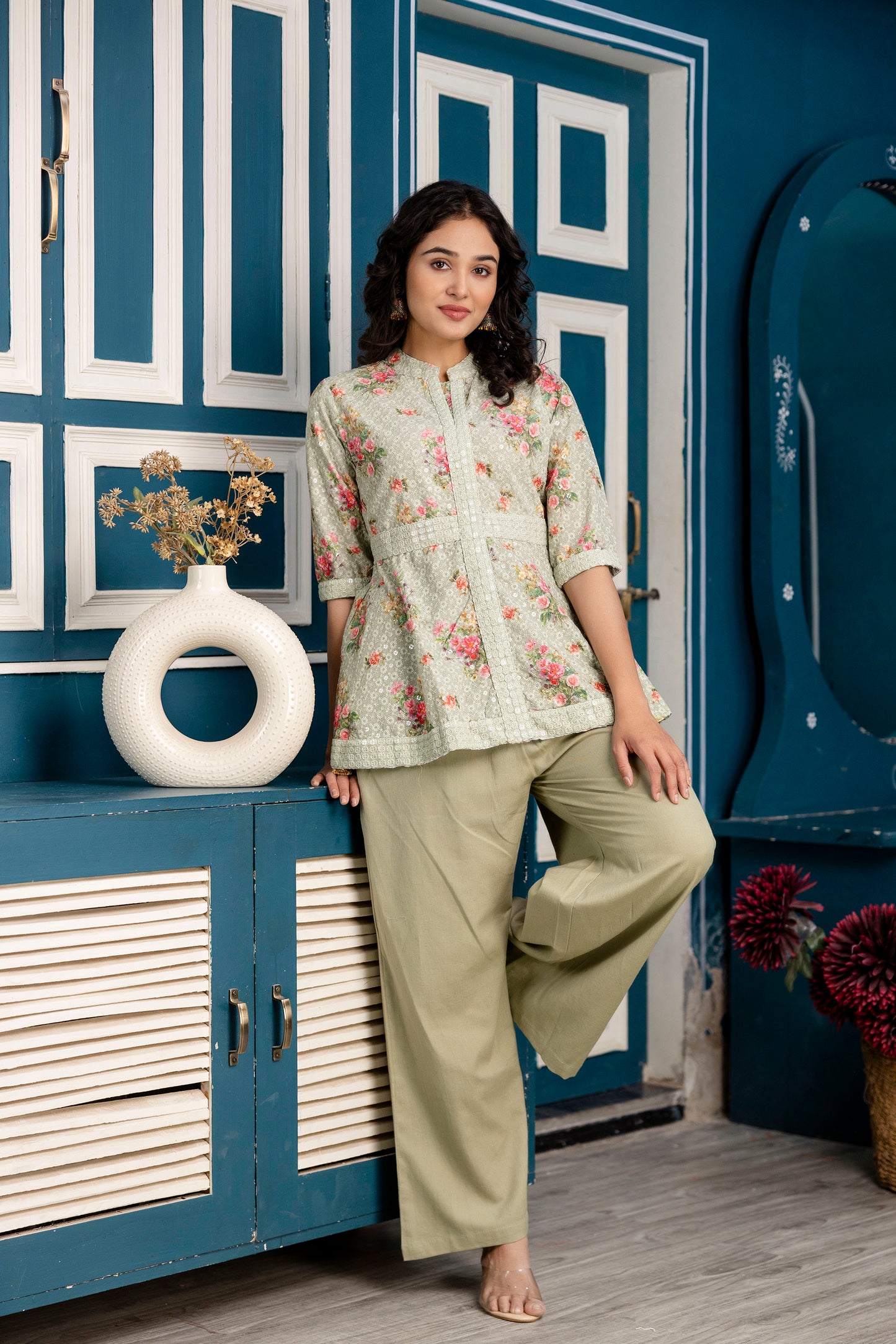 Chicken Embroidered Digital Print Kurti with Plain Flapper