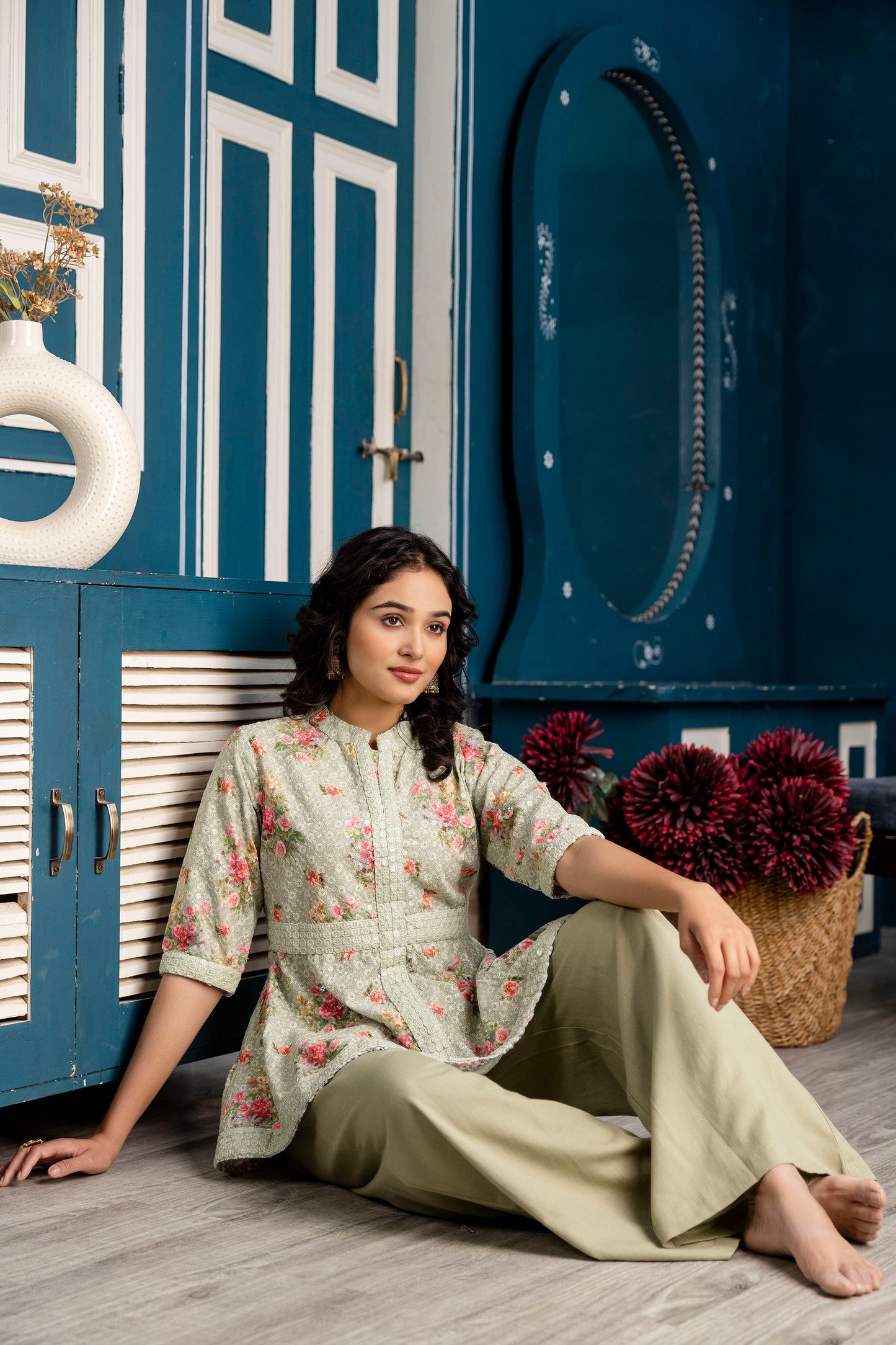 Chicken Embroidered Digital Print Kurti with Plain Flapper