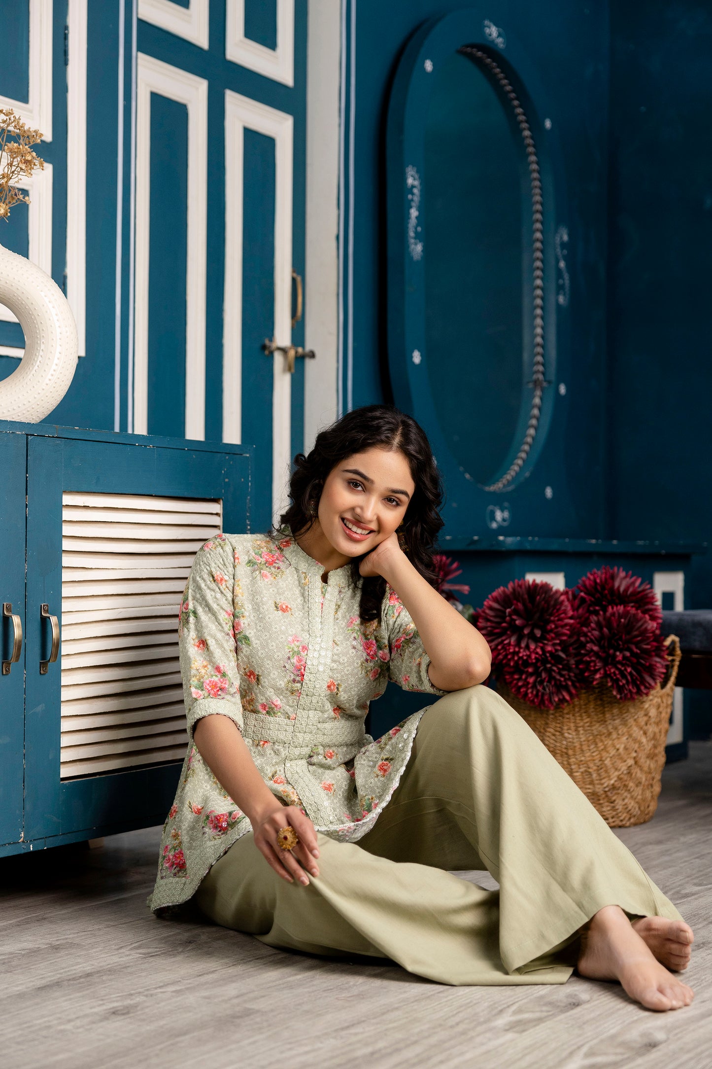 Chicken Embroidered Digital Print Kurti with Plain Flapper