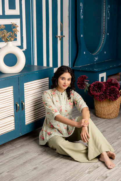 Chicken Embroidered Digital Print Kurti with Plain Flapper