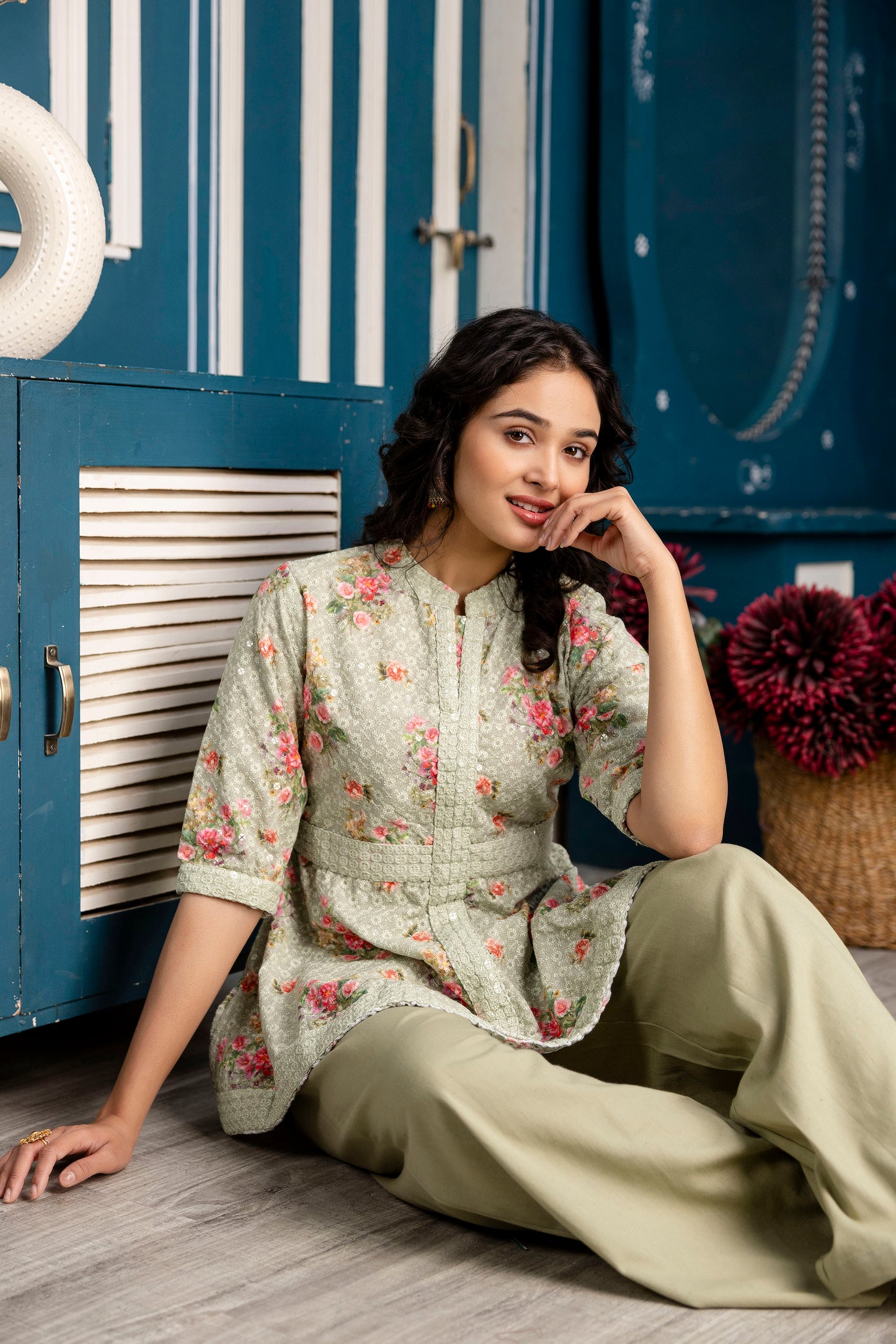 Chicken Embroidered Digital Print Kurti with Plain Flapper