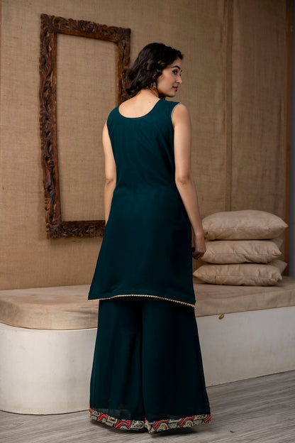 Thread Worked Kurti with Palazzo & Plain Georgette Dupatta