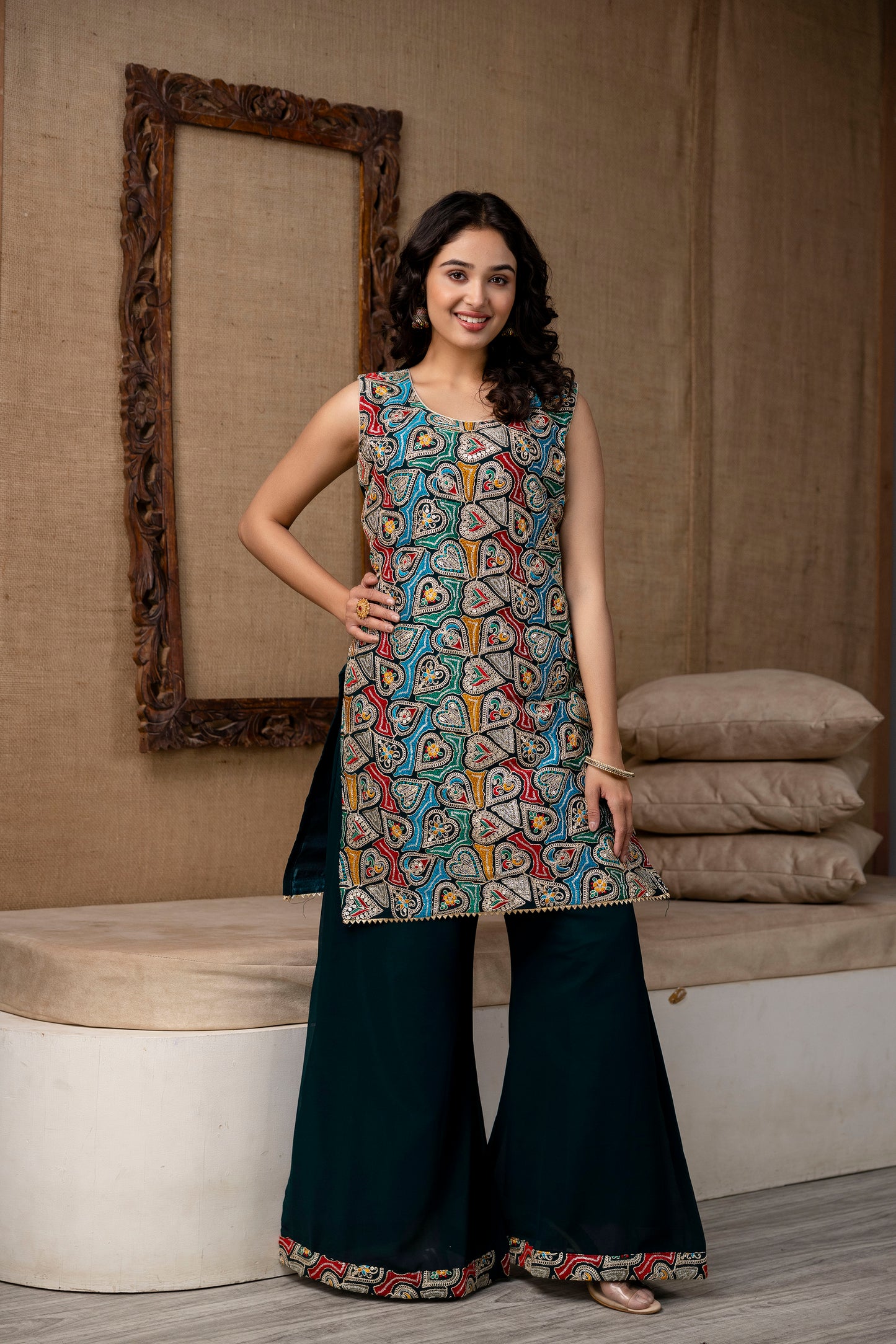Thread Worked Kurti with Palazzo & Plain Georgette Dupatta