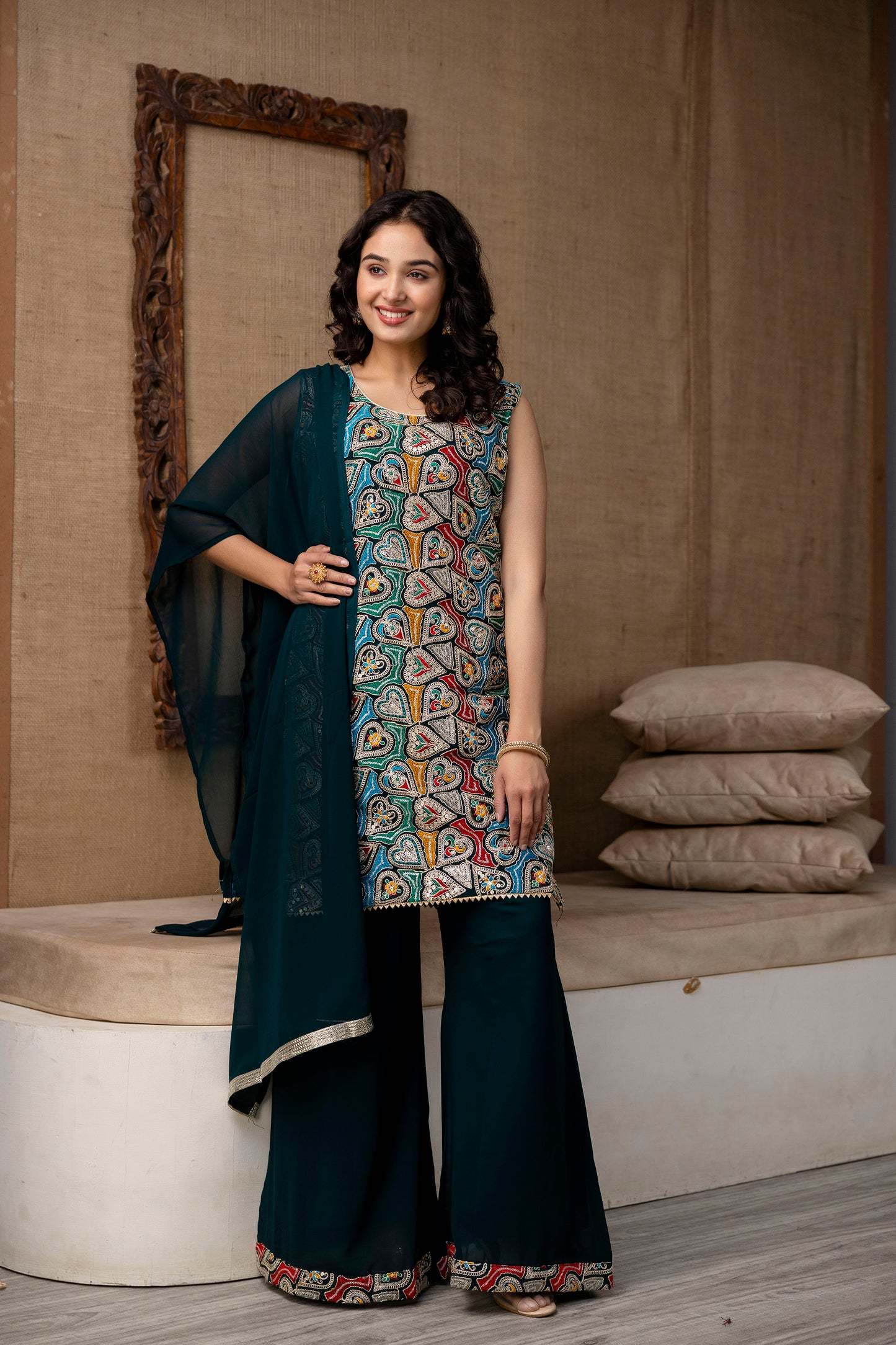 Thread Worked Kurti with Palazzo & Plain Georgette Dupatta