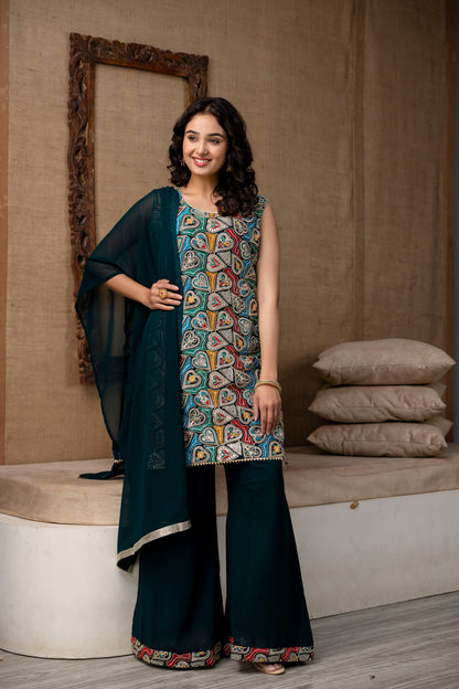 Thread Worked Kurti with Palazzo & Plain Georgette Dupatta