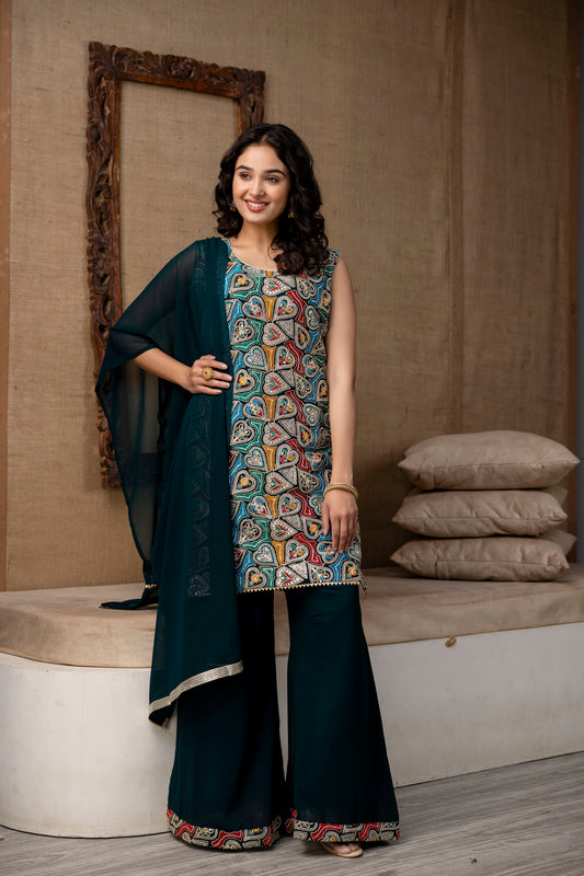 Thread Worked Kurti with Palazzo & Plain Georgette Dupatta