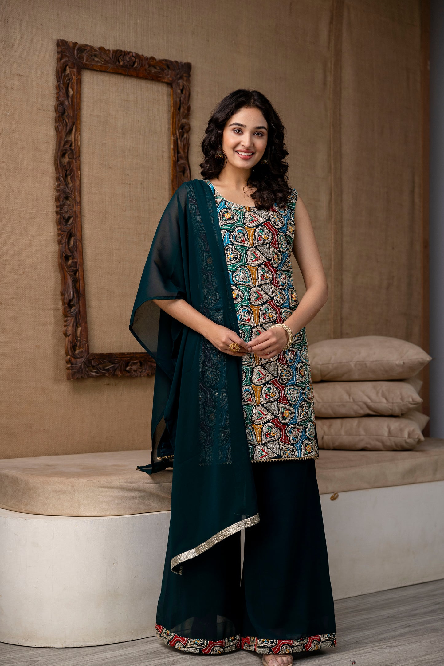 Thread Worked Kurti with Palazzo & Plain Georgette Dupatta