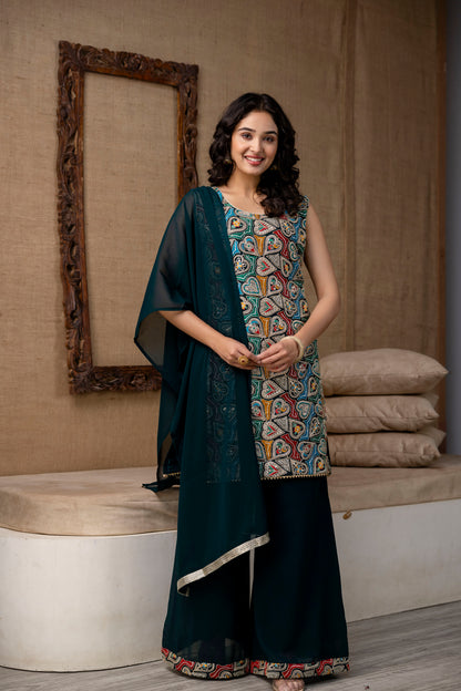 Thread Worked Kurti with Palazzo & Plain Georgette Dupatta