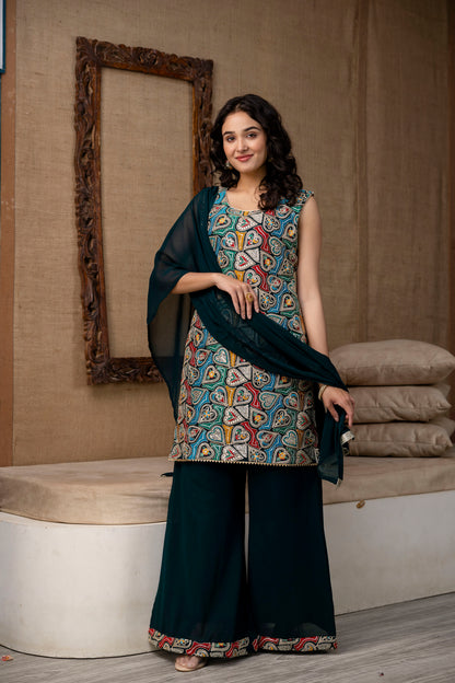 Thread Worked Kurti with Palazzo & Plain Georgette Dupatta