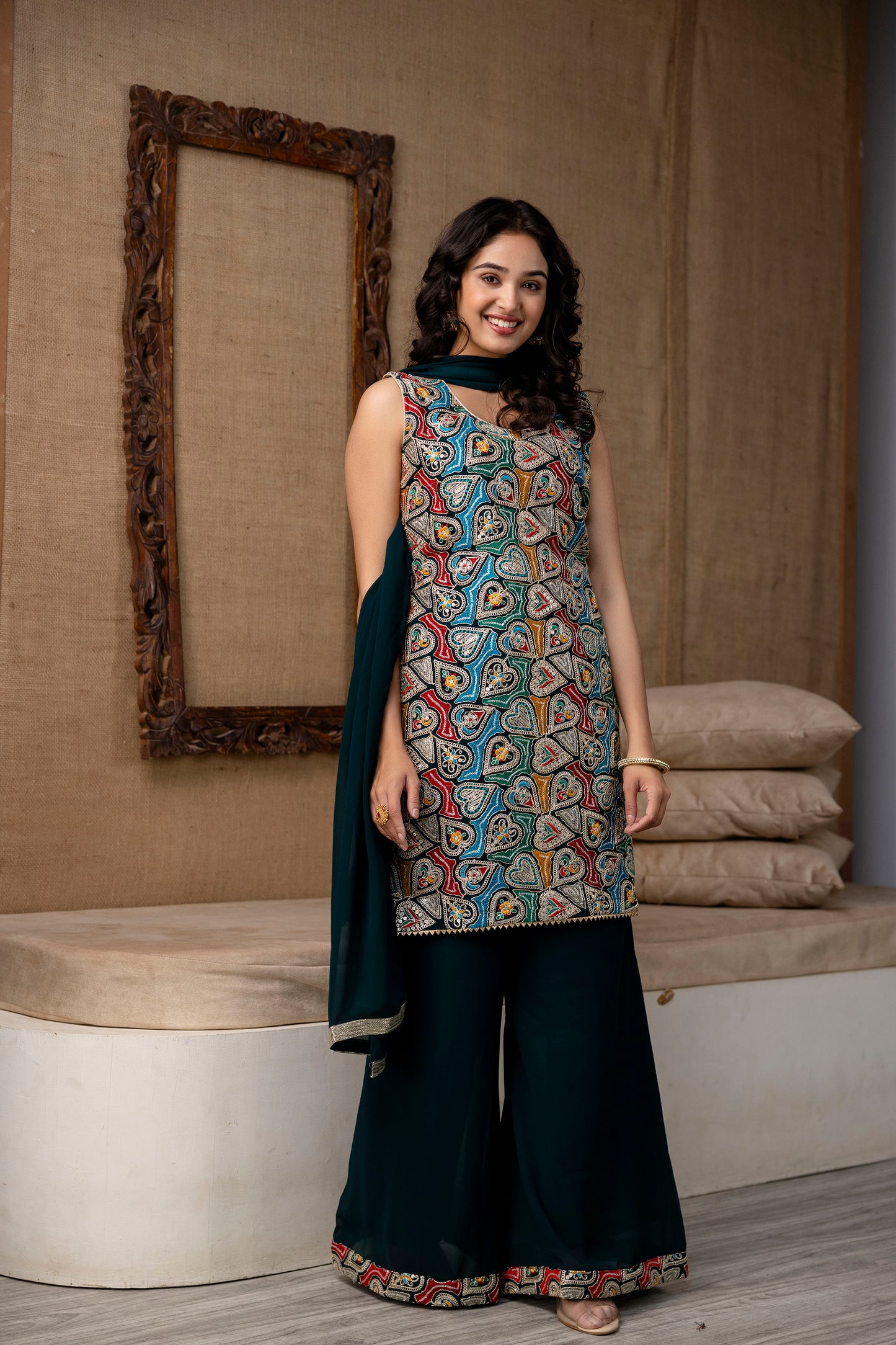 Thread Worked Kurti with Palazzo & Plain Georgette Dupatta