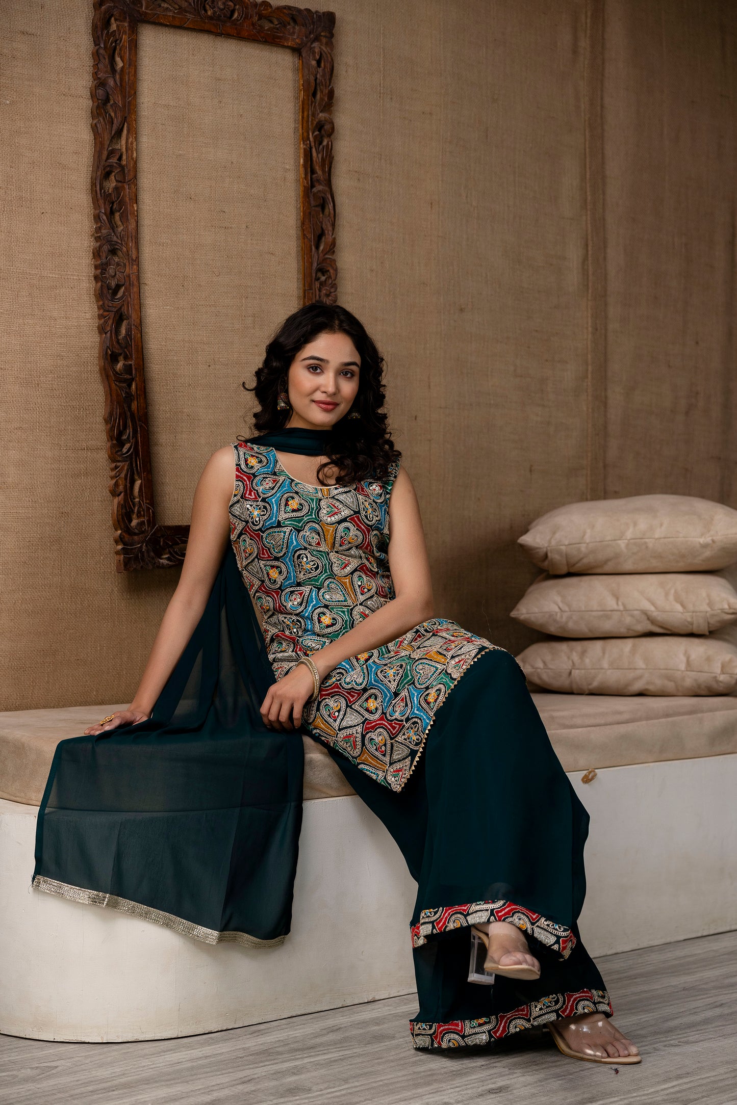 Thread Worked Kurti with Palazzo & Plain Georgette Dupatta