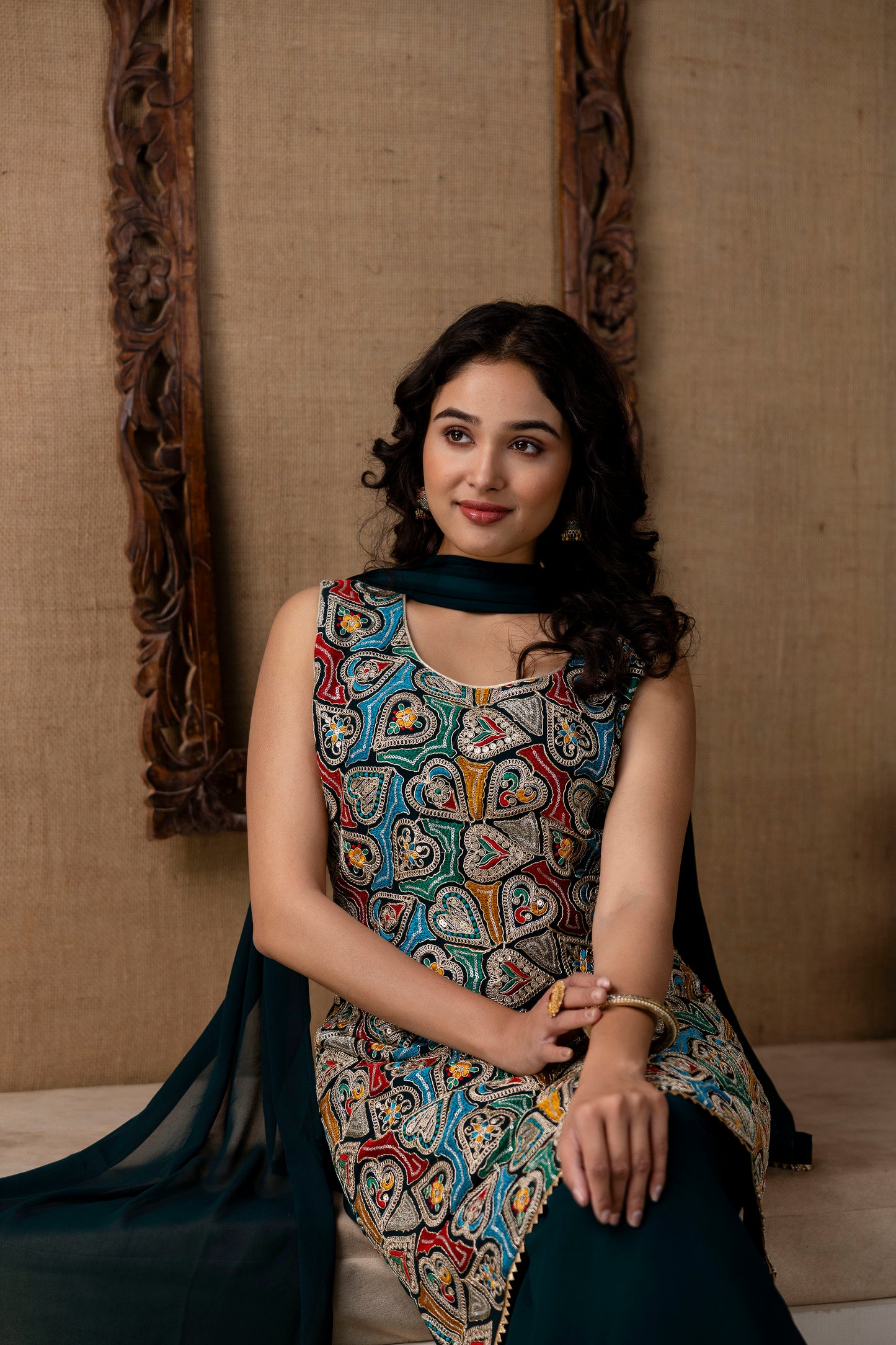 Thread Worked Kurti with Palazzo & Plain Georgette Dupatta