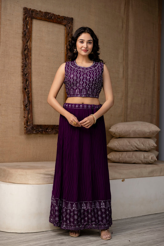 Georgette Crop Top with Skirt and Handworked Dupatta