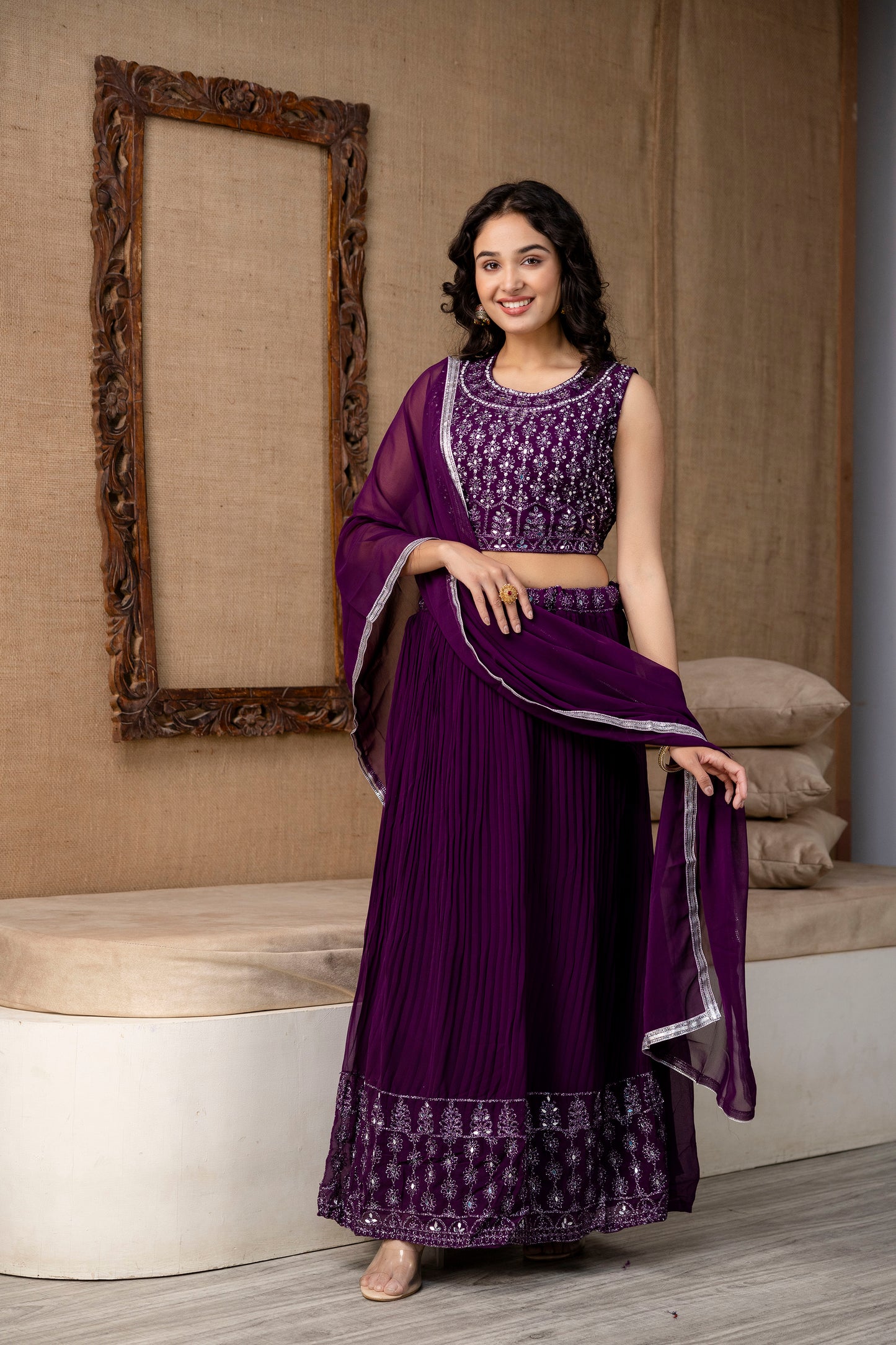 Georgette Crop Top with Skirt and Handworked Dupatta