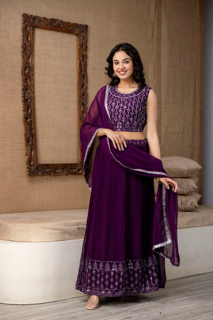 Georgette Crop Top with Skirt and Handworked Dupatta