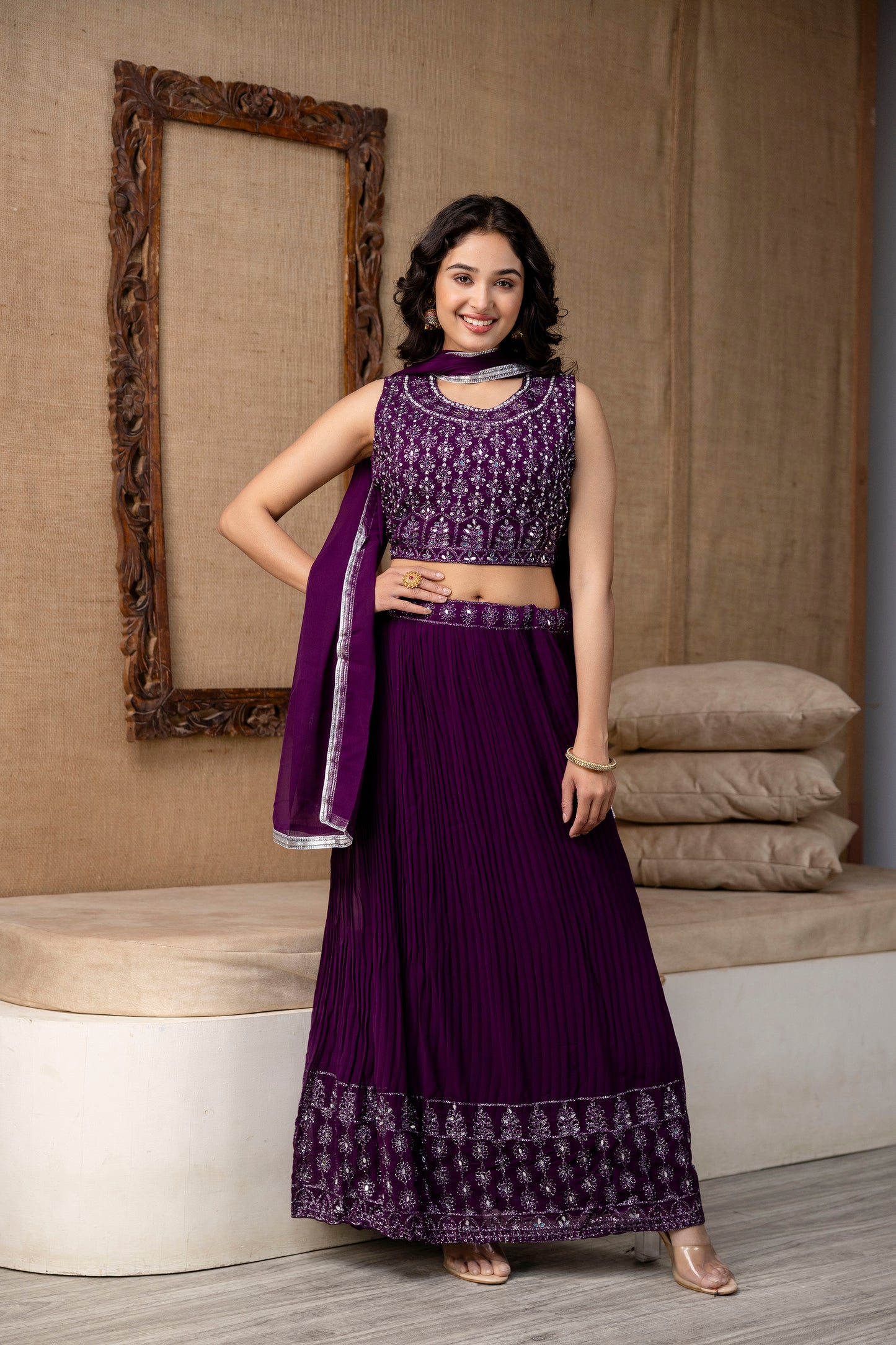 Georgette Crop Top with Skirt and Handworked Dupatta