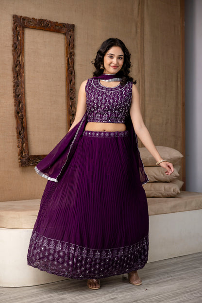 Georgette Crop Top with Skirt and Handworked Dupatta