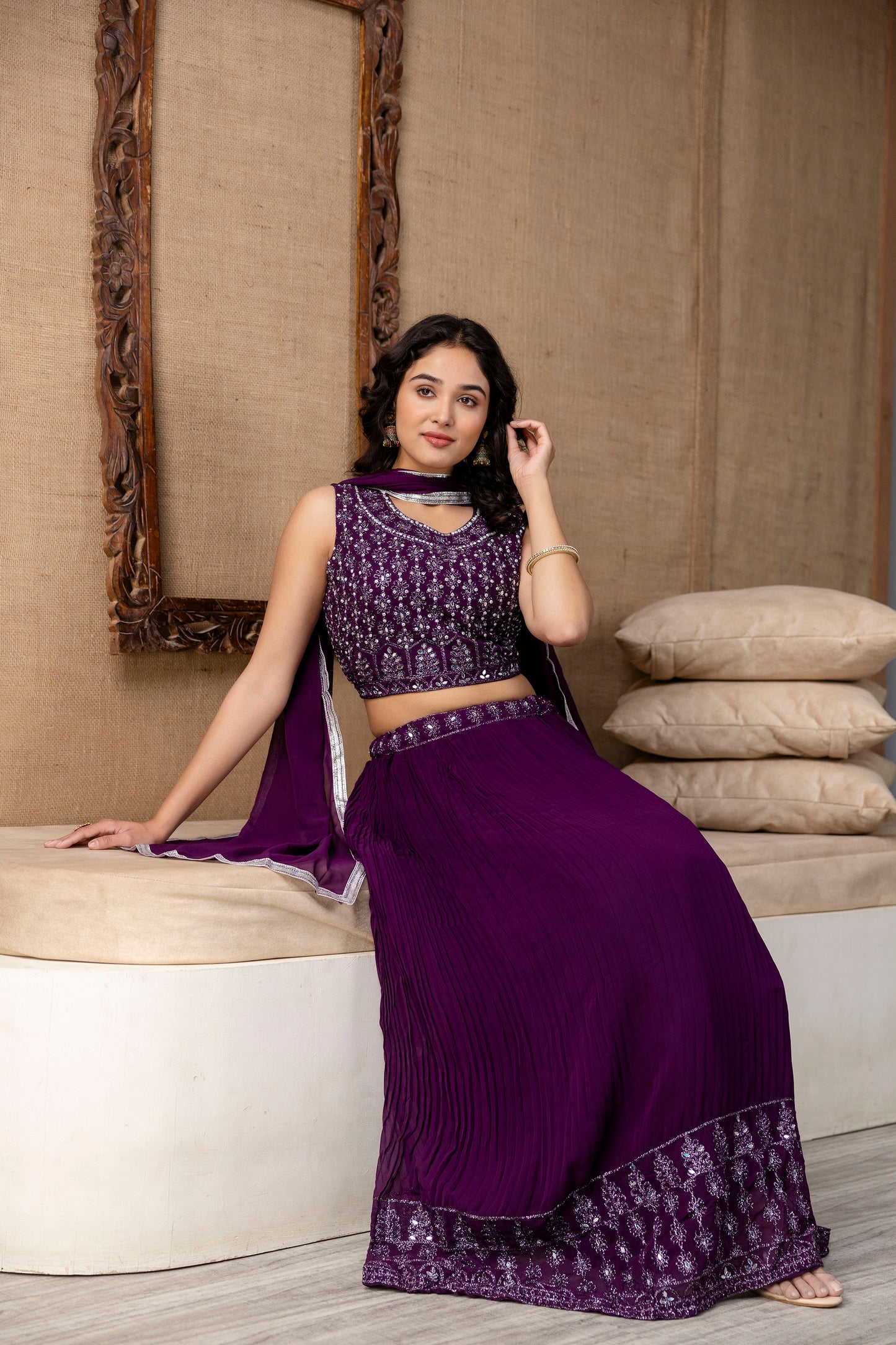 Georgette Crop Top with Skirt and Handworked Dupatta
