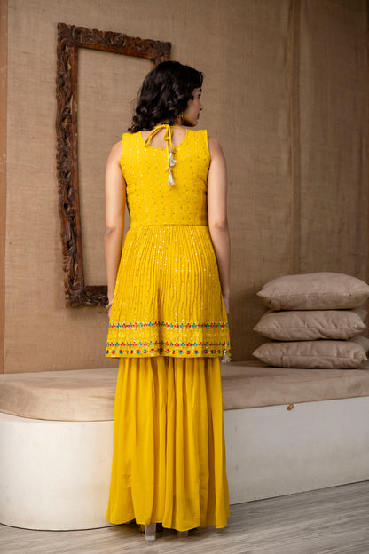 Resham Embroidered Handworked Kurti with Plain Dupatta & Georgette Sharara