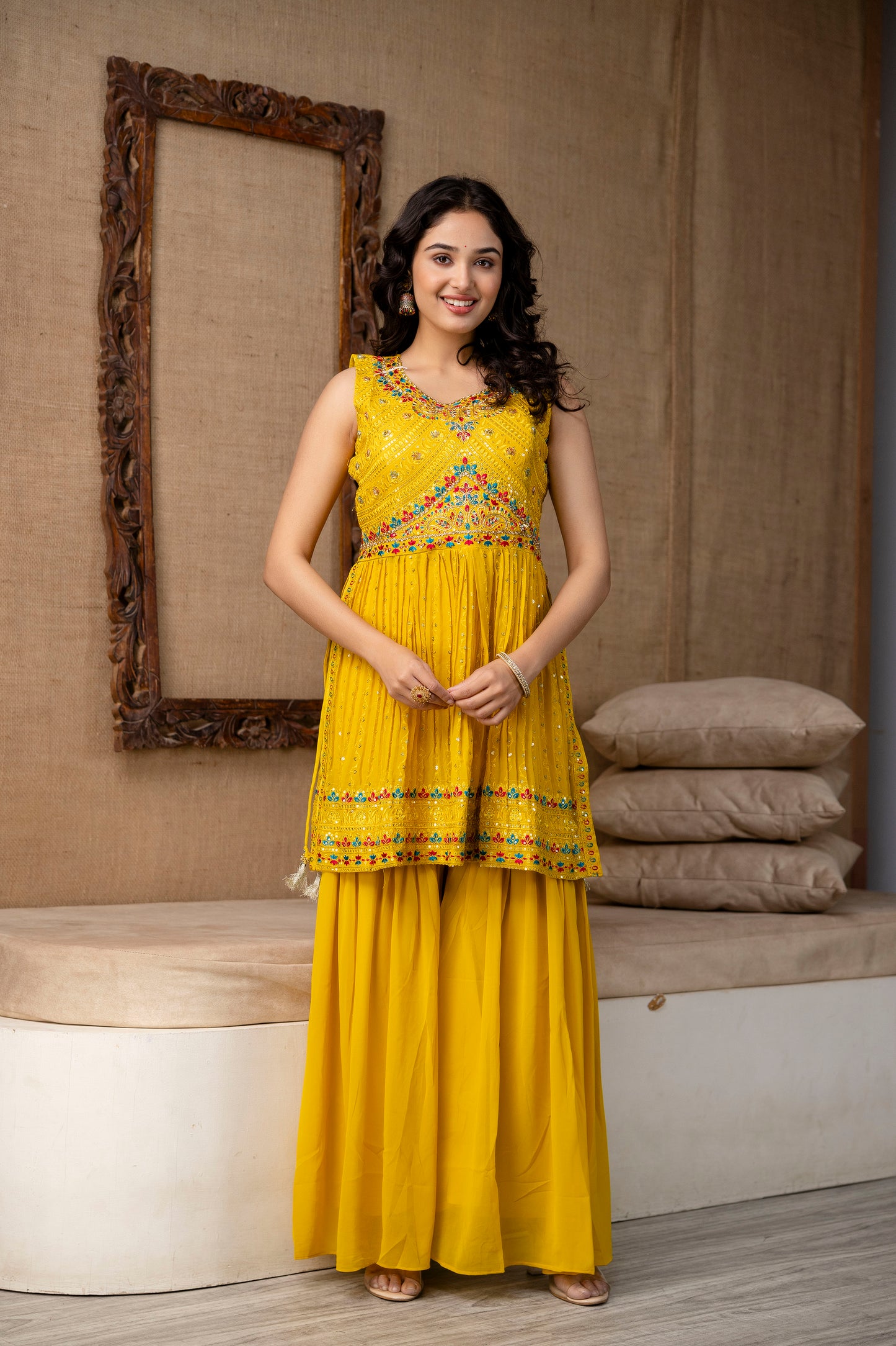 Resham Embroidered Handworked Kurti with Plain Dupatta & Georgette Sharara