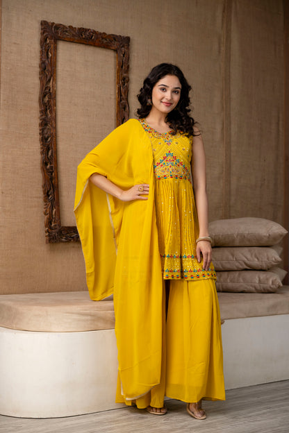 Resham Embroidered Handworked Kurti with Plain Dupatta & Georgette Sharara
