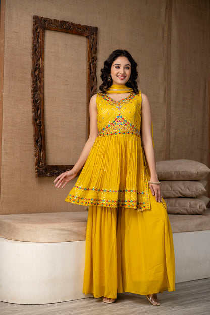 Resham Embroidered Handworked Kurti with Plain Dupatta & Georgette Sharara