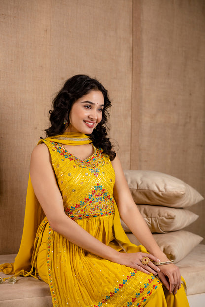 Resham Embroidered Handworked Kurti with Plain Dupatta & Georgette Sharara