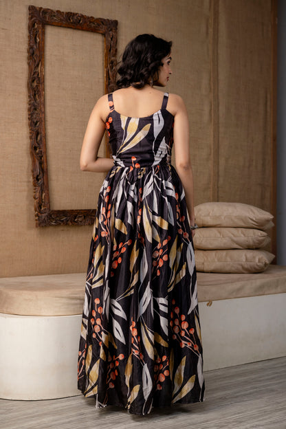 Printed Chinnon Gown with Round Neck and Step Detailing