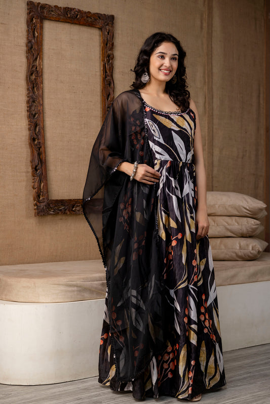Printed Chinnon Gown with Round Neck and Step Detailing