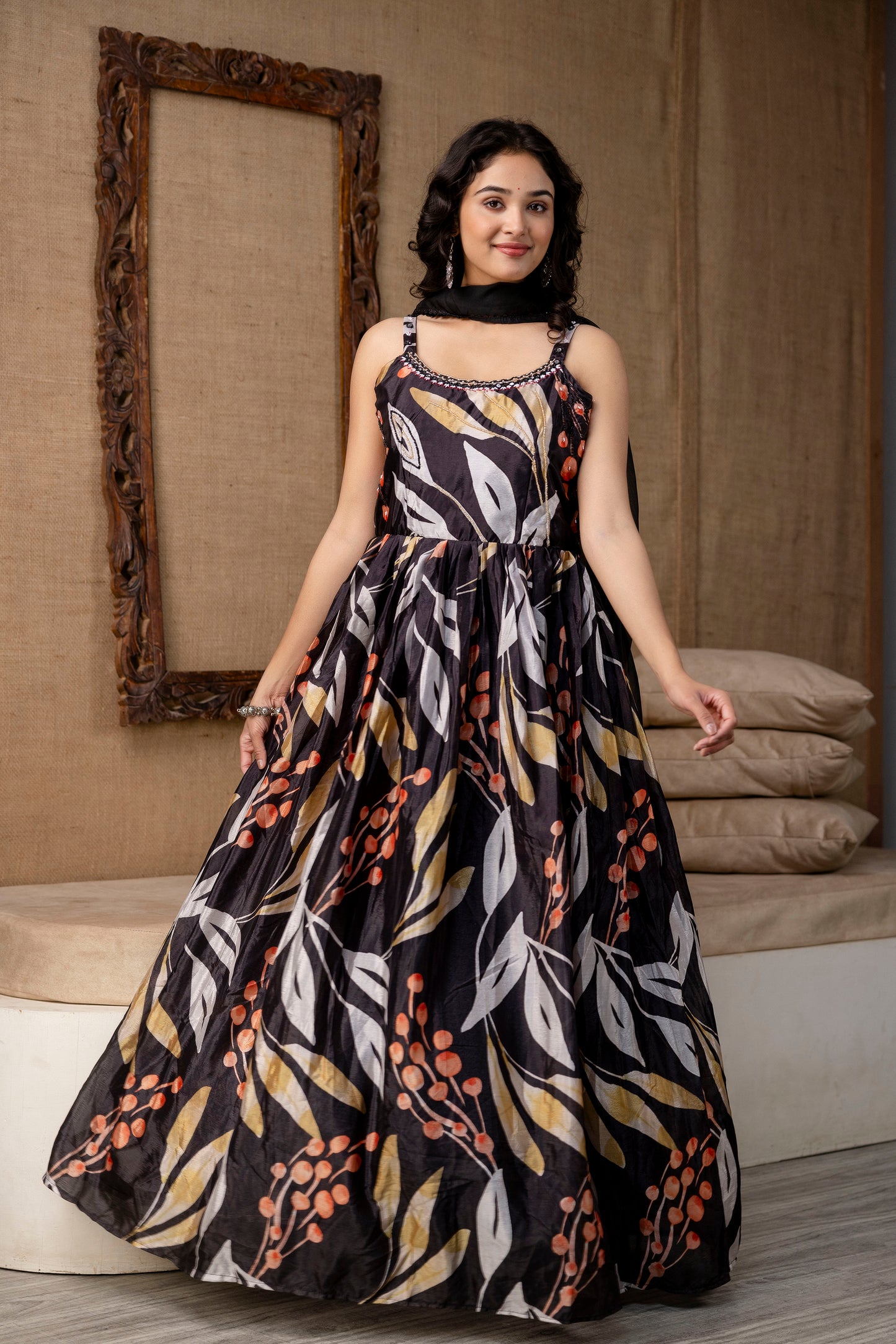 Printed Chinnon Gown with Round Neck and Step Detailing
