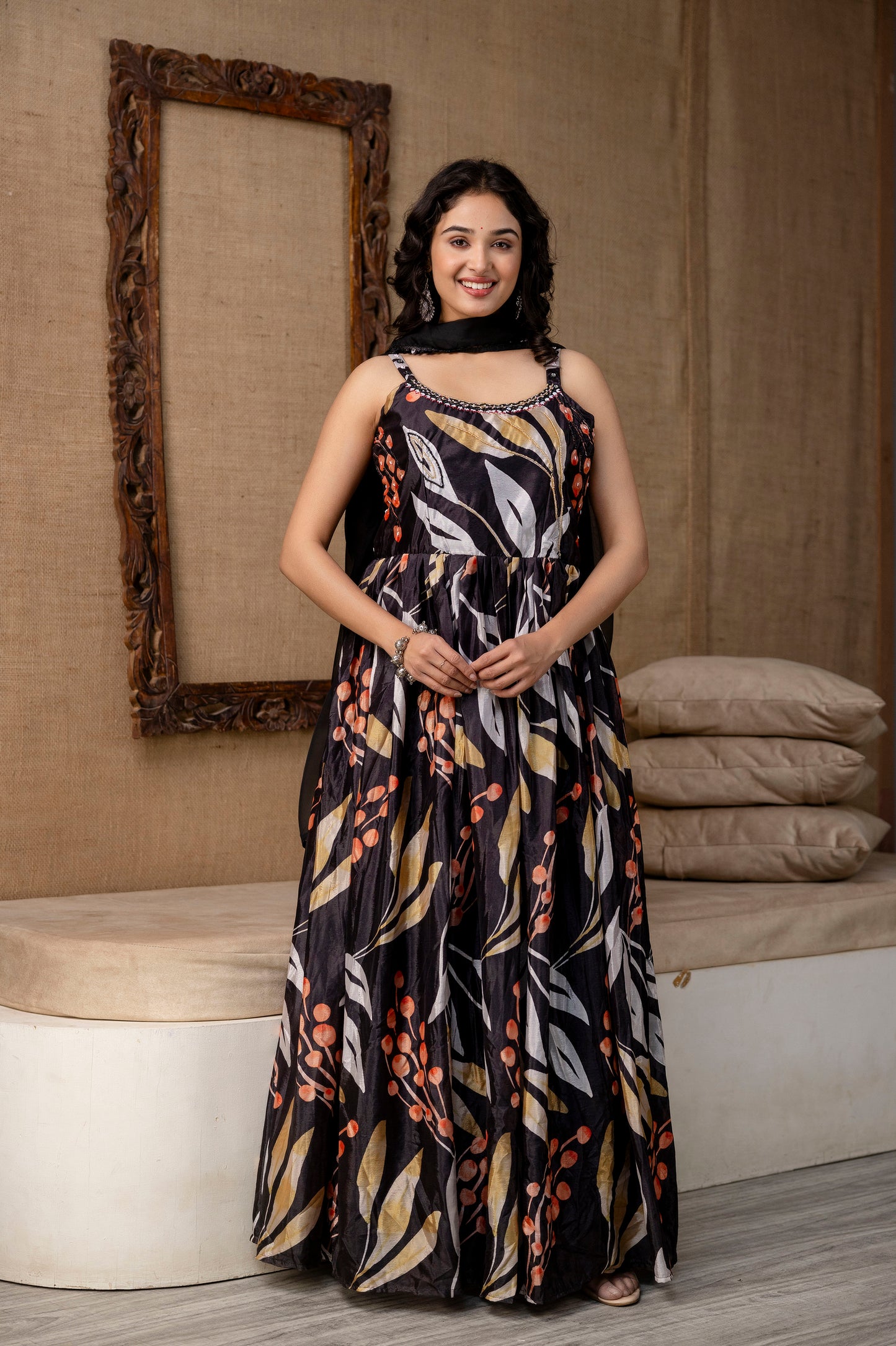 Printed Chinnon Gown with Round Neck and Step Detailing