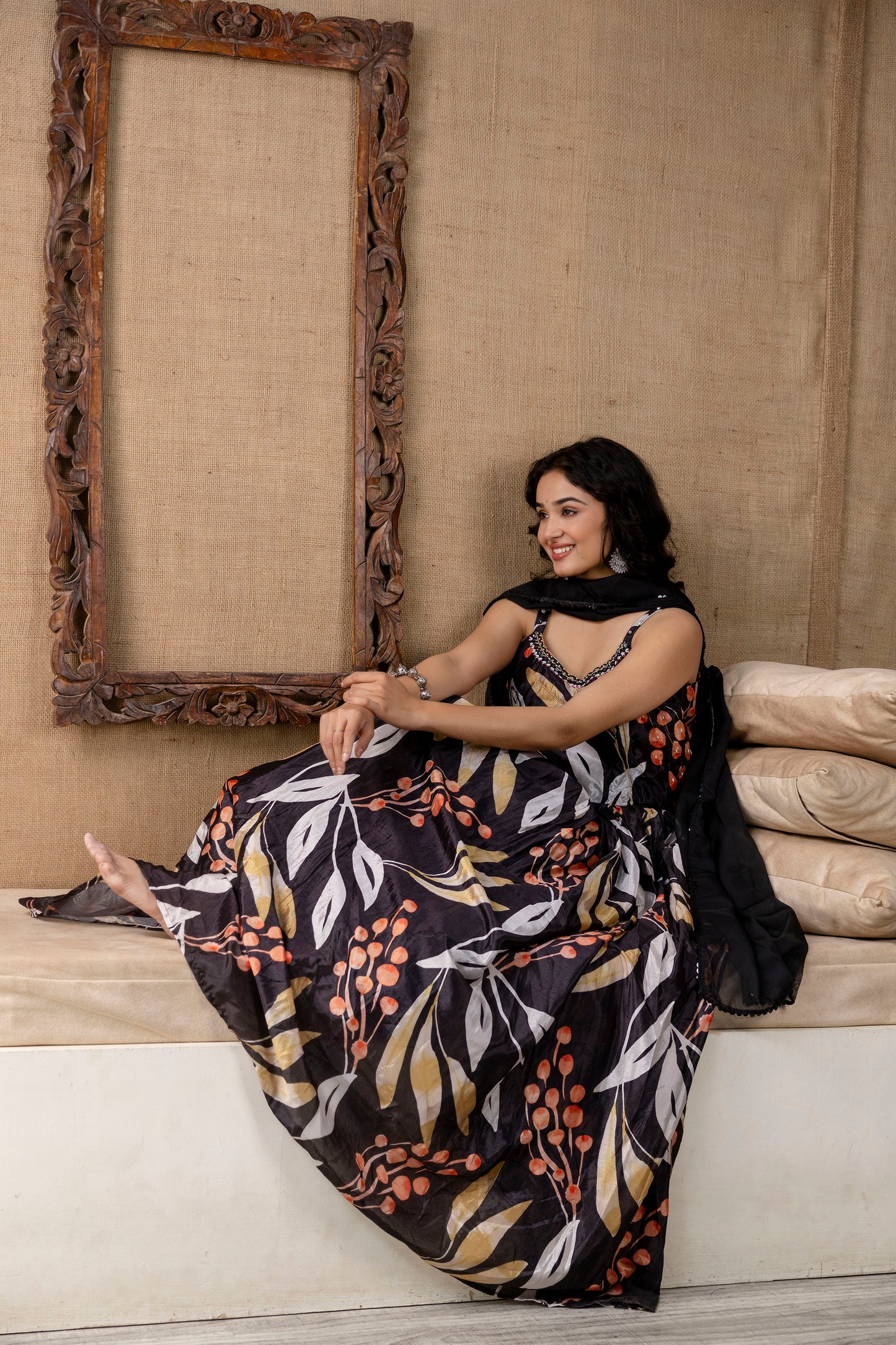 Printed Chinnon Gown with Round Neck and Step Detailing