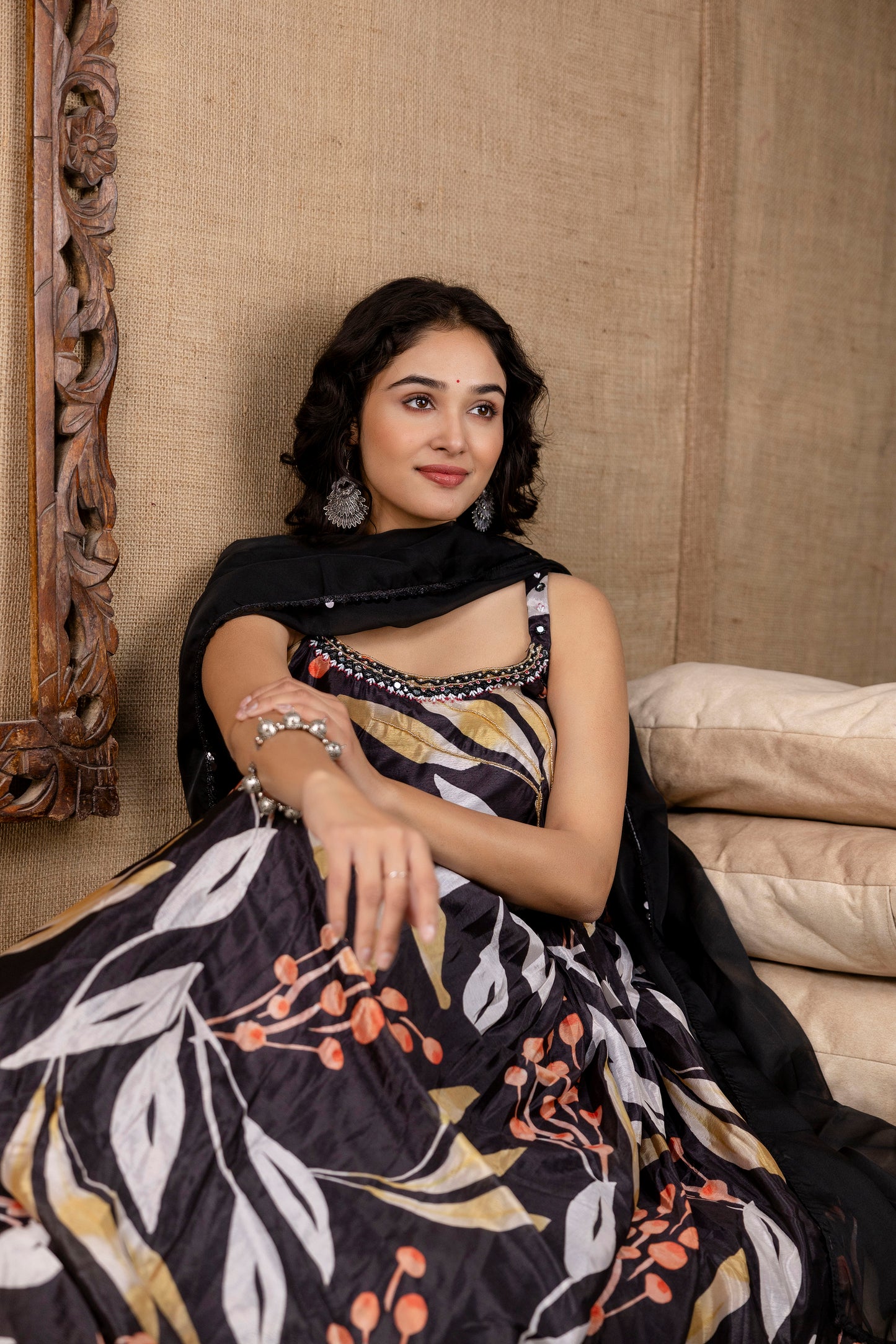 Printed Chinnon Gown with Round Neck and Step Detailing