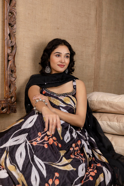 Printed Chinnon Gown with Round Neck and Step Detailing