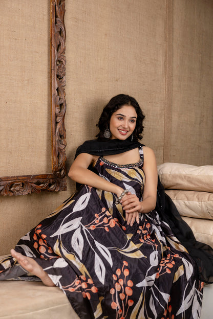 Printed Chinnon Gown with Round Neck and Step Detailing