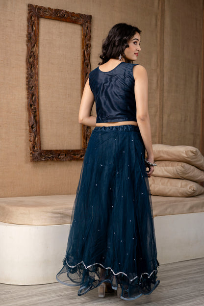 Mirror Worked Crop Top with Skirt &  NET Dupatta