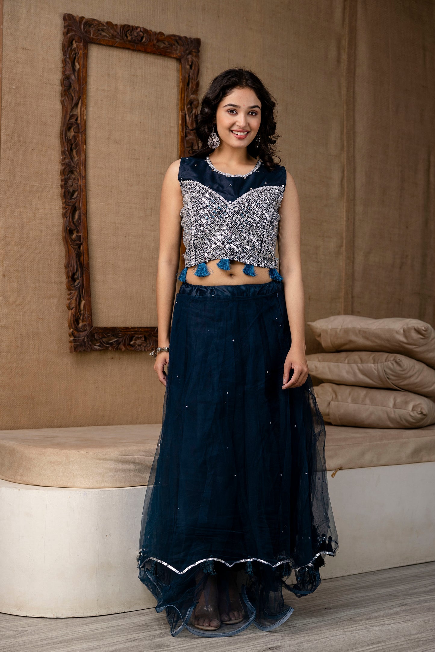 Mirror Worked Crop Top with Skirt &  NET Dupatta