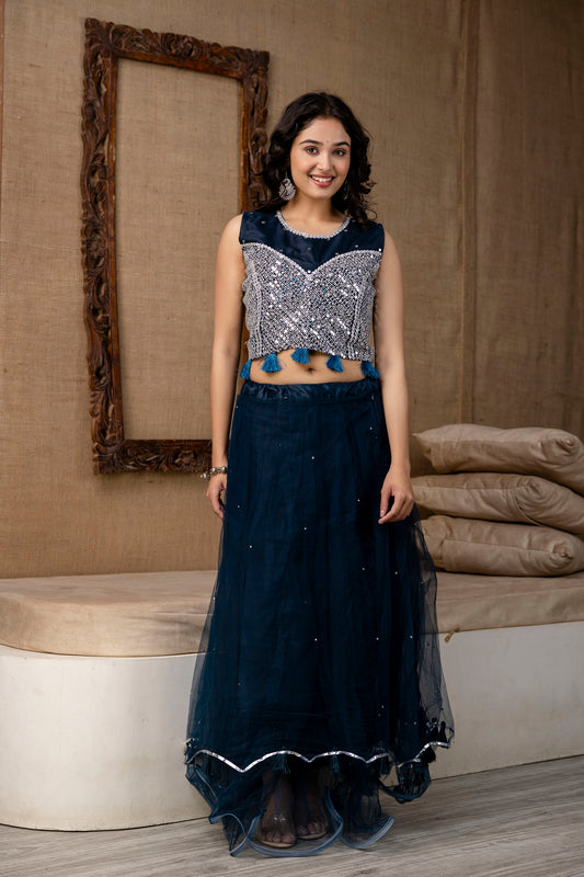 Mirror Worked Crop Top with Skirt &  NET Dupatta