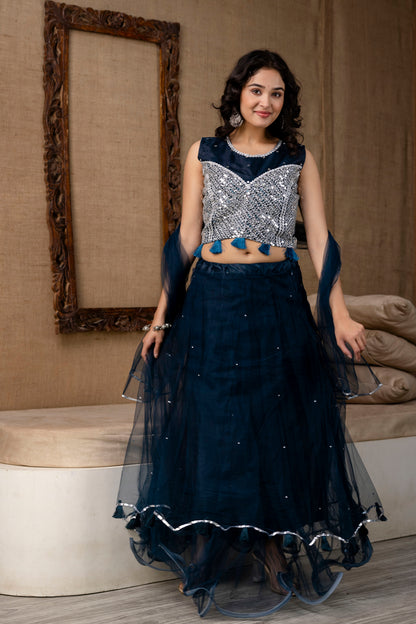 Mirror Worked Crop Top with Skirt &  NET Dupatta