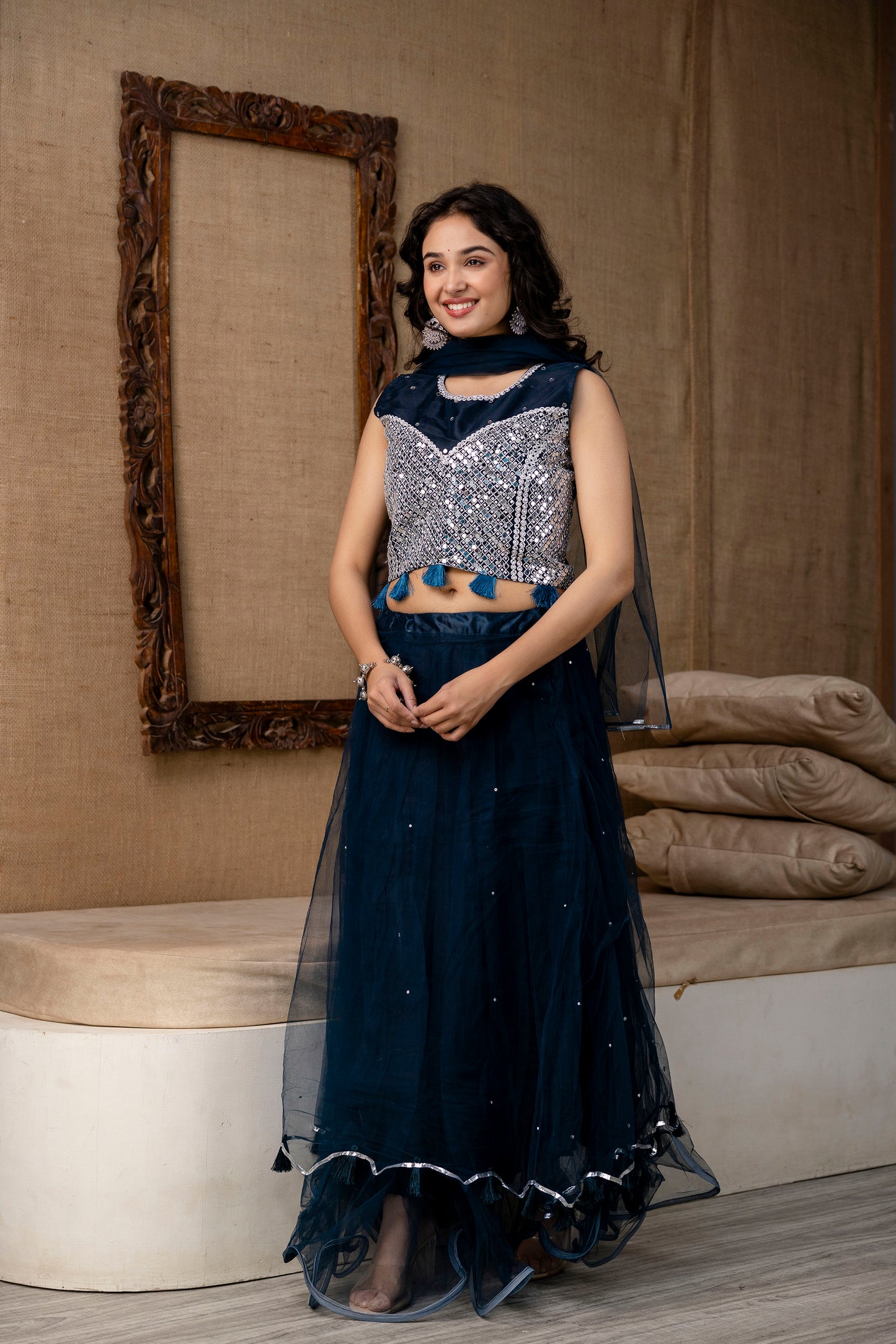 Mirror Worked Crop Top with Skirt &  NET Dupatta