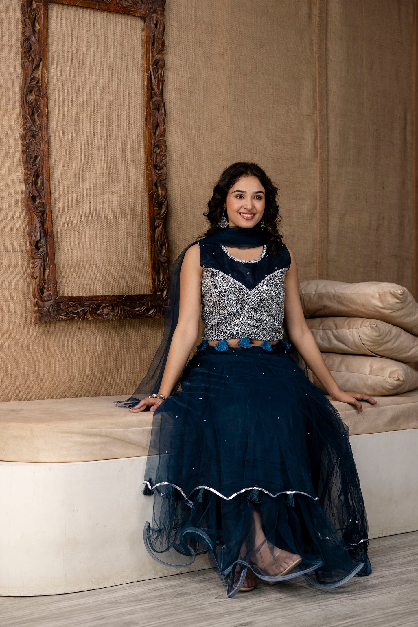 Mirror Worked Crop Top with Skirt &  NET Dupatta