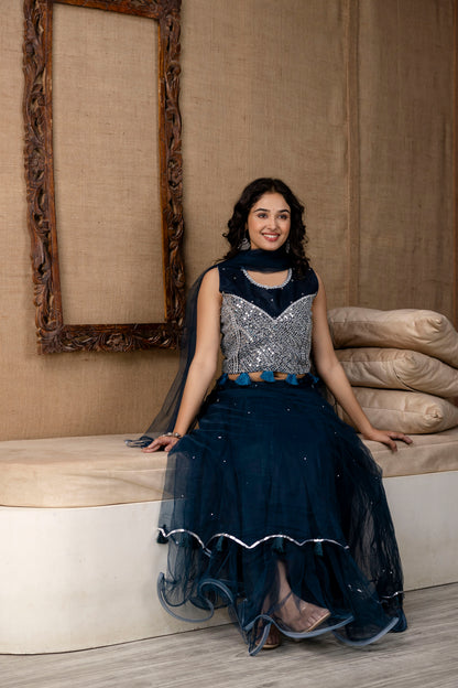 Mirror Worked Crop Top with Skirt &  NET Dupatta