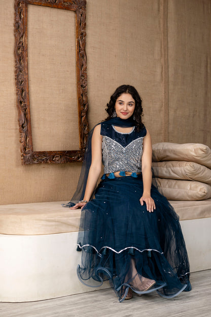 Mirror Worked Crop Top with Skirt &  NET Dupatta