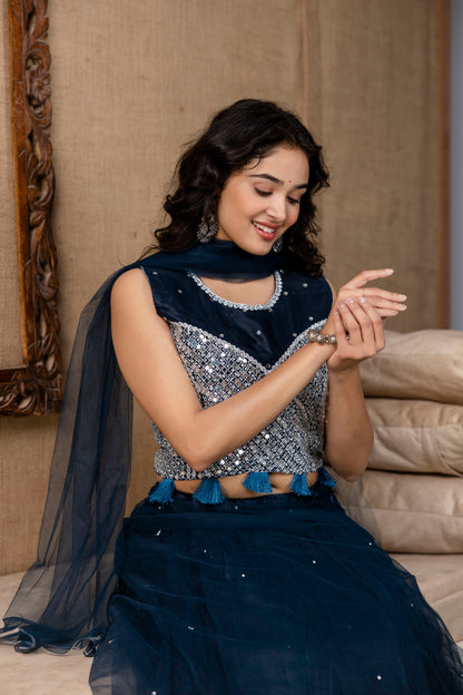 Mirror Worked Crop Top with Skirt &  NET Dupatta