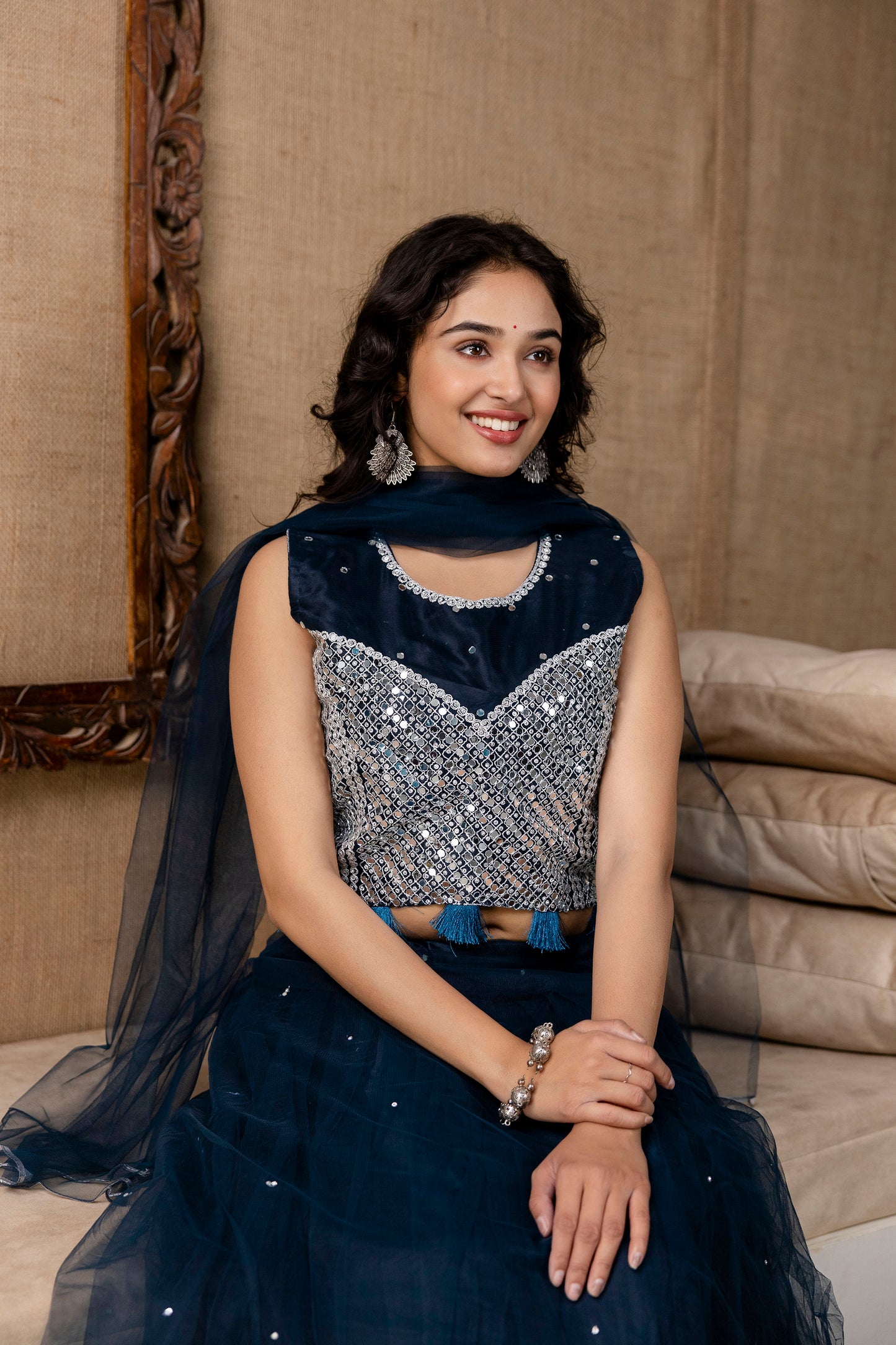 Mirror Worked Crop Top with Skirt &  NET Dupatta