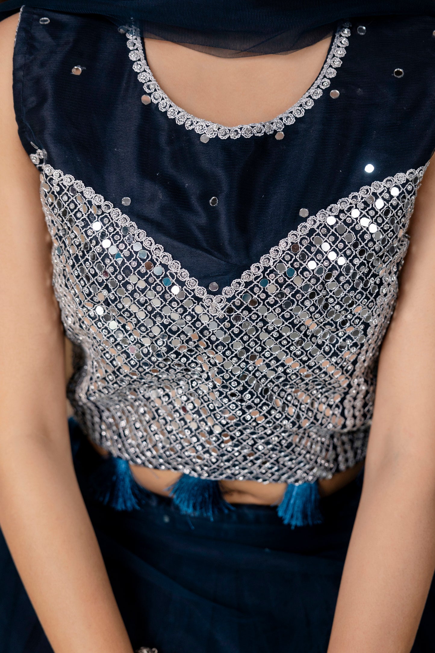 Mirror Worked Crop Top with Skirt &  NET Dupatta