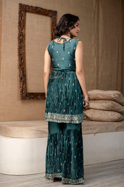 Embellished Sequined & Jari Kurti with Jari Detailed Sharara & Solid Dupatta