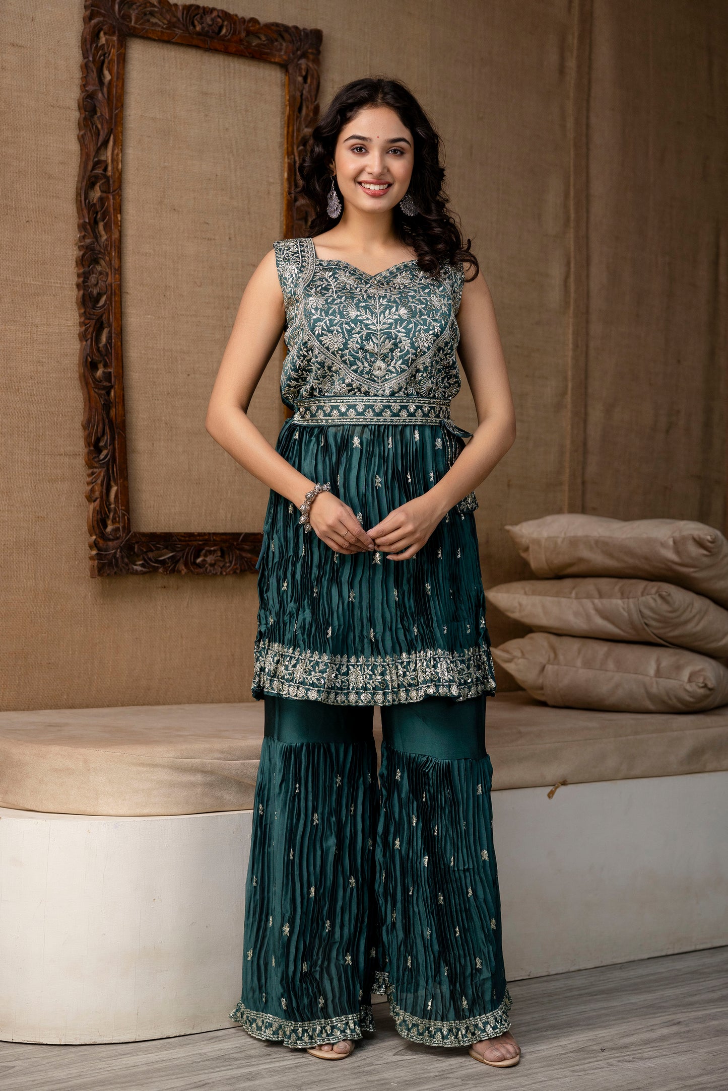 Embellished Sequined & Jari Kurti with Jari Detailed Sharara & Solid Dupatta
